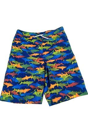 Boys Lands End Colorful Shark Print Swim Shorts XL (14-16) Drawstring Waistband